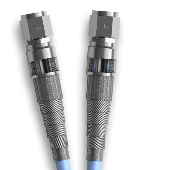 a pair of blue and silver military r154 (370 series) hose assembly on a white background.